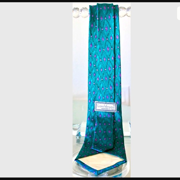 GIANNI VERSACE MENS TIE TEAL SILK FRANK STELLA 80s VINTAGE - Picture 7 of 8